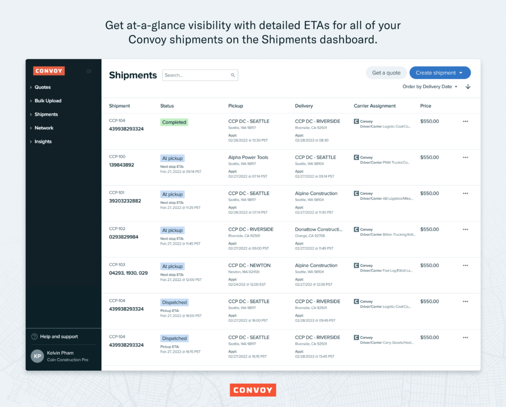 Get at-a-glance visibility with detailed ETAs for all of your Convoy shipments on the Shipments dashboard.